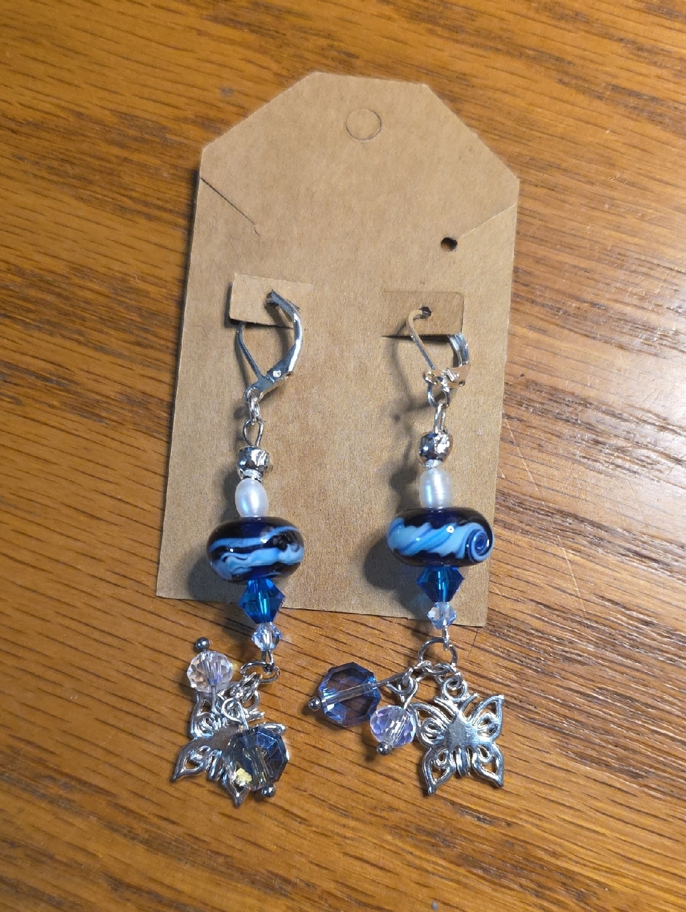 Blue Murano Glass Bead &Freshwater Pearl Butterfly Drop Earrings